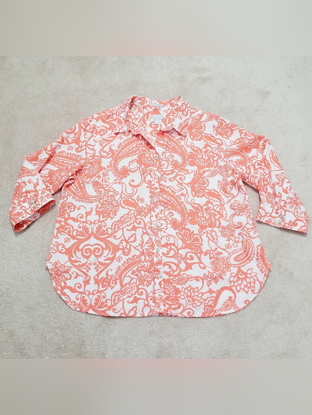 Chico’s 100% Linen Shirt Size 16 Orange White Paisley Button Front Top Classic - Picture 13 of 13